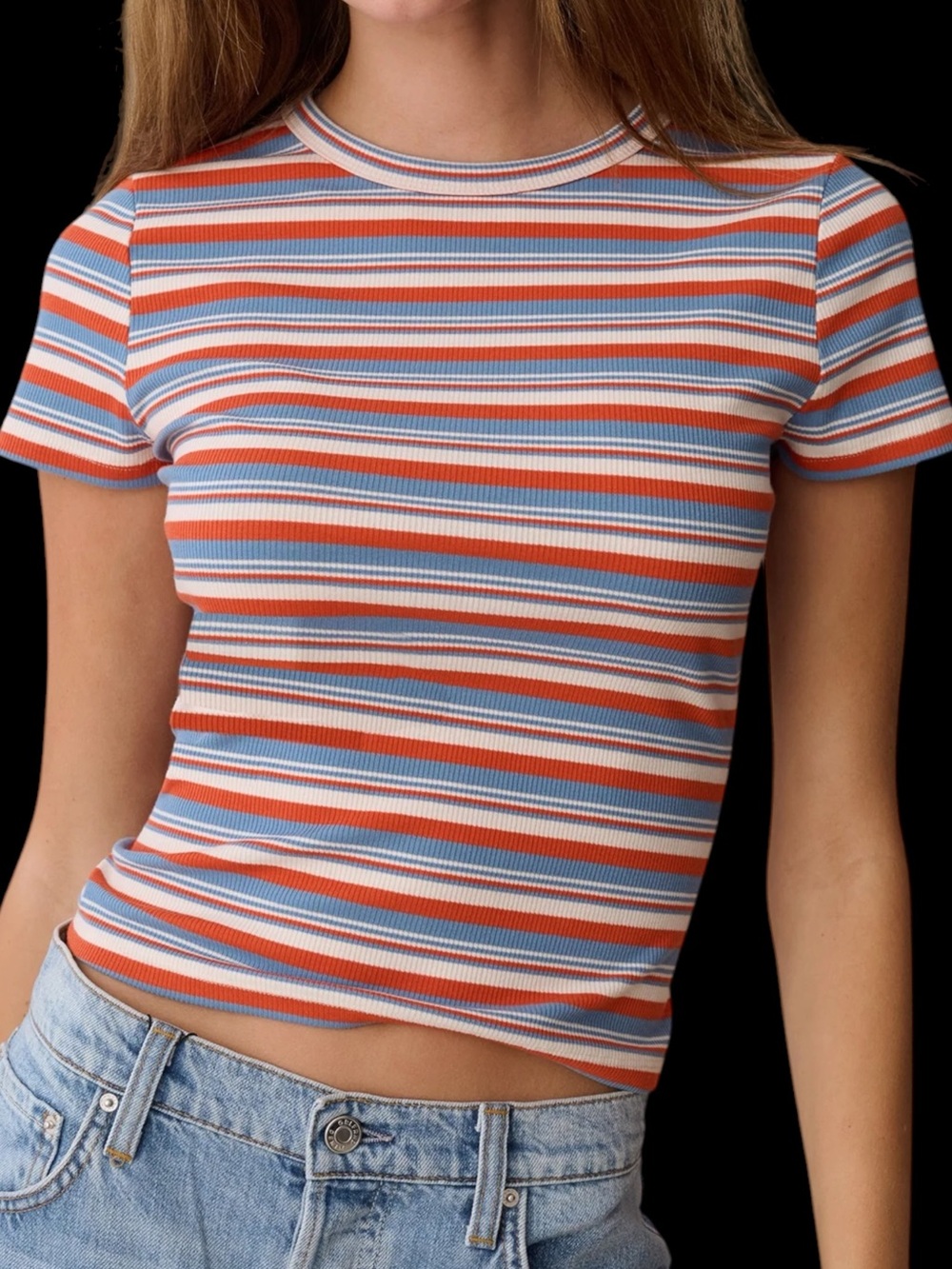 Few Moda Caara Murphy Top Striped Short-Sleeve Ribbed Tee Rust Blue White NWT